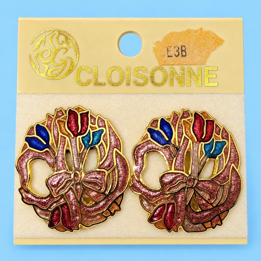 Vintage Cloisonne Floral Clip On Earrings Enamel Taiwan ROC NOS Gold Tone -3572